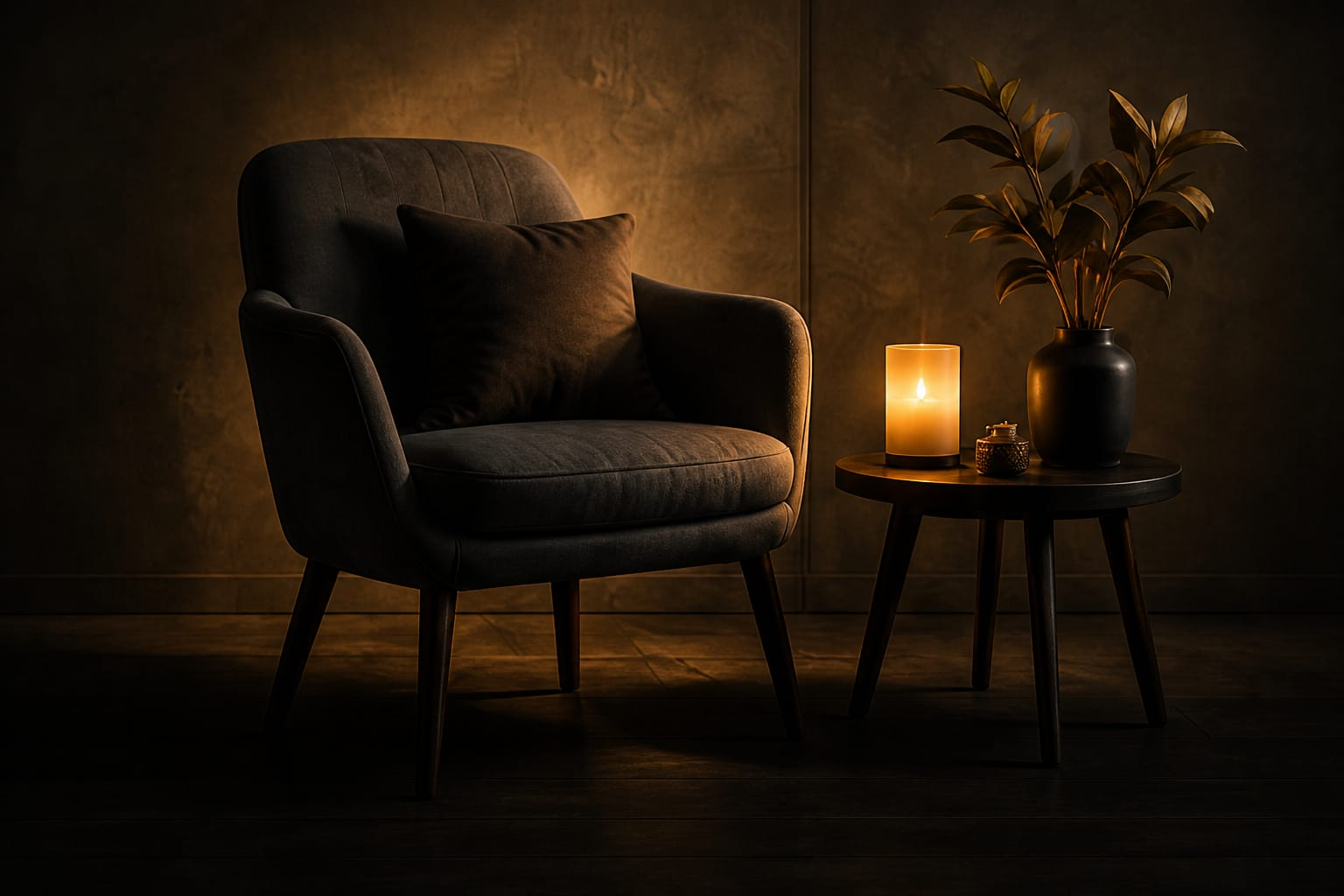 Espace accueillant avec fauteuil et bougie